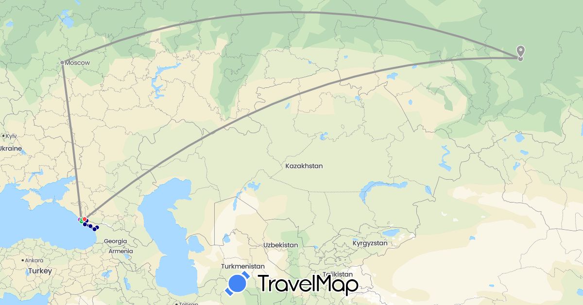 TravelMap itinerary: driving, bus, plane, train, hiking in Georgia, Russia (Asia, Europe)